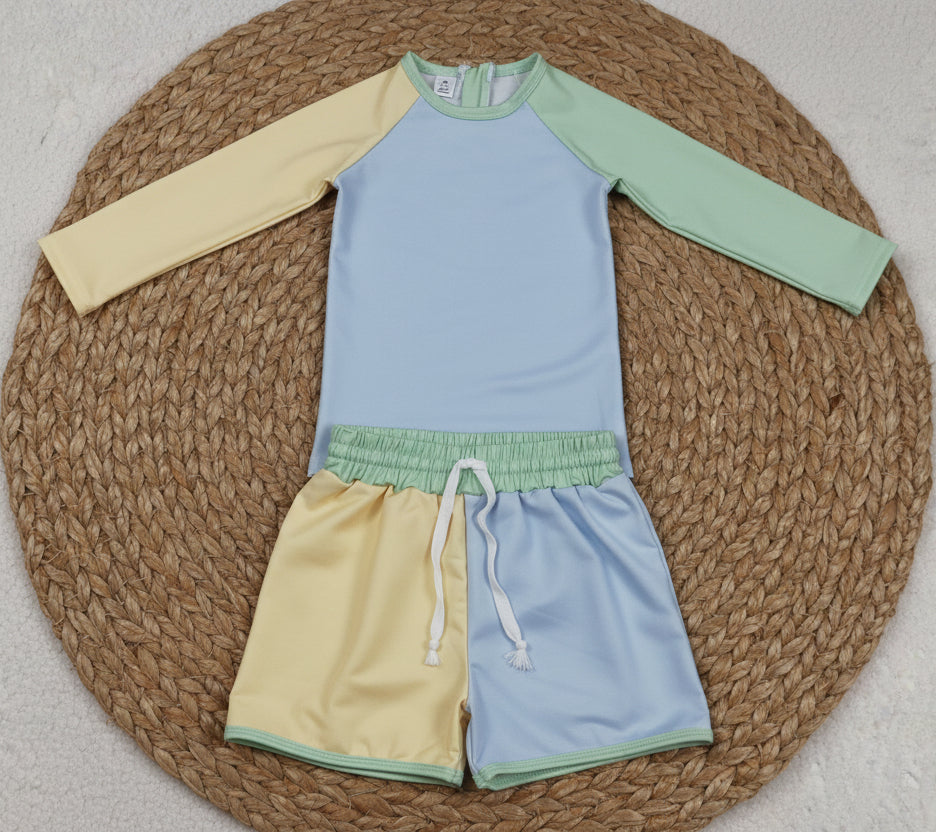 solid colorful boy long sleeve zip-up rash guard swimsuit set
