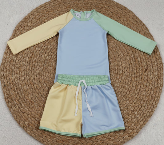 solid colorful boy long sleeve zip-up rash guard swimsuit set
