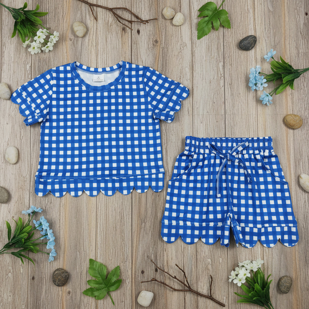 royal blue gingham scallop shorts set girl summer clothing