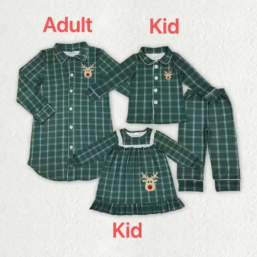 Embroidery Deer Mama and Me Green Checked Christmas Sleep Wear Pajamas Ruffle Dresses  D 927