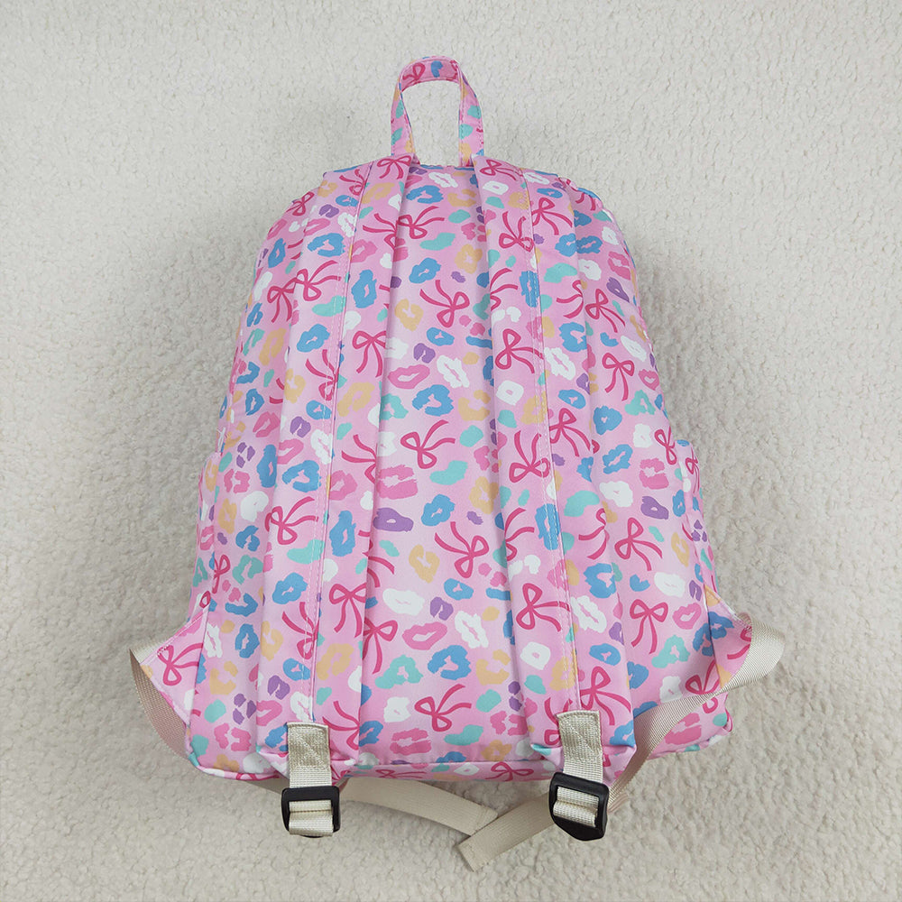 BA0319 Baby Kids Pink Leopard Bows School Zipper Ruffle Back Bags  D 8.2