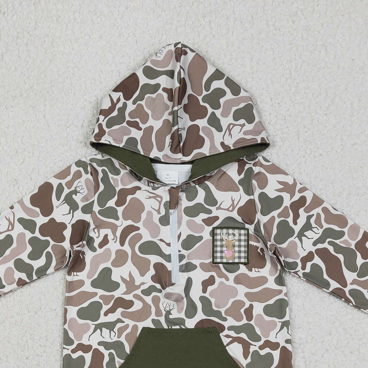 Baby Girls Green Camo Zipper Hoodie with Embroidery Deer Pockets Hunting Top for Kids