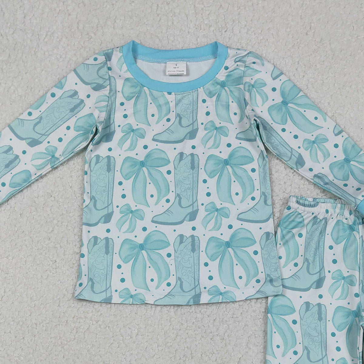 Baby Girls Light Blue Pajamas Set with Bows Boots Top And Pant Western Style Sleepwear for Infants