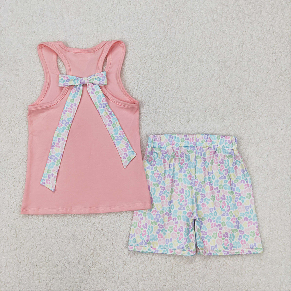 GSSO1783  Baby Girls Pink Pocket Bow Vest Ruffle Leopard Shorts Clothes Sets  D 3.19