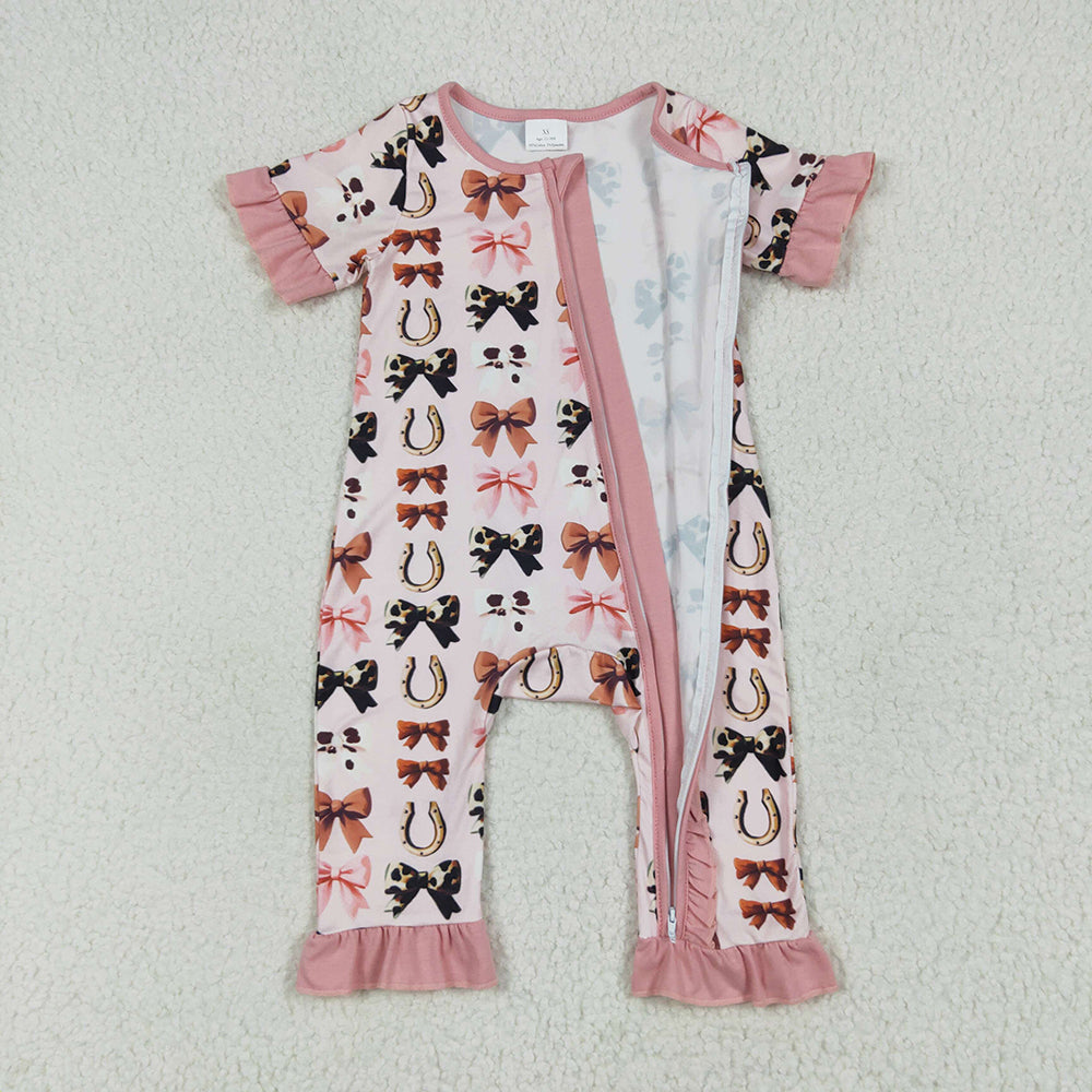 SR3116 Baby Girls Pink Short Ruffle Sleeves Bows Horse Shoes Zipper Rompers D 7.5