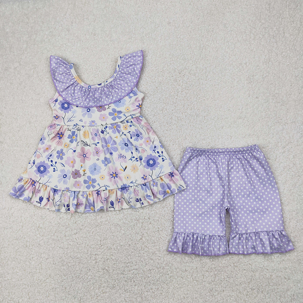 GSSO2306  Baby Girls Light Blue Flowers Tunic Ruffle Shorts Clothes Sets D 4.8