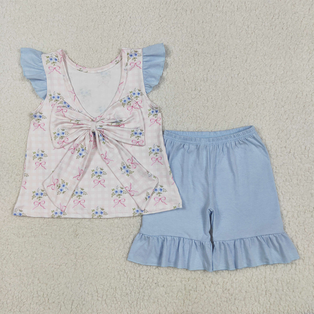 GSSO1577  Pink plaid flying sleeves and blue lace shorts set with flower and bow pattern  D 5.16