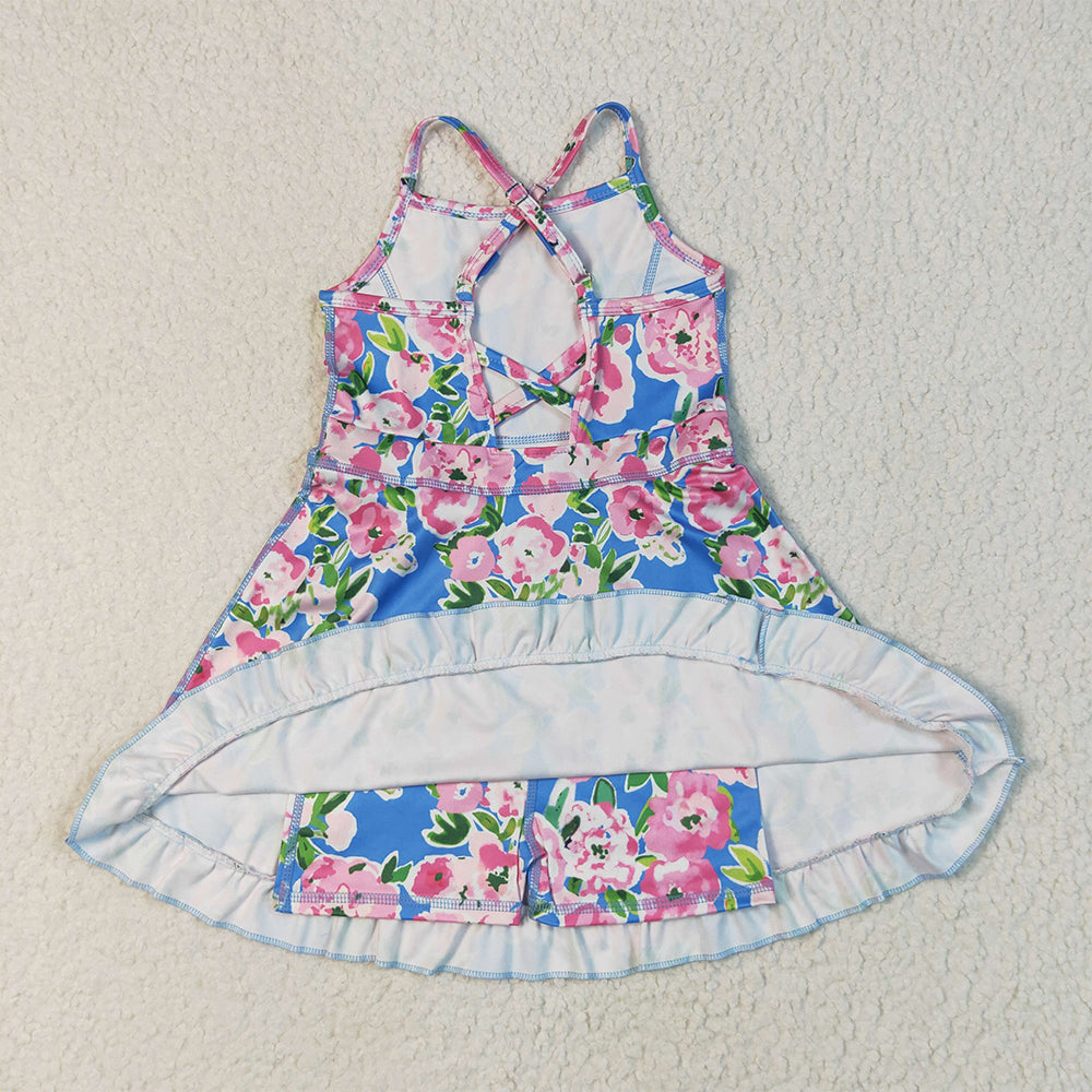 GSD2284 Baby Girls Blue Strap Colorful Floral Yoga Ruffle Knee Length Dresses   D 6.16