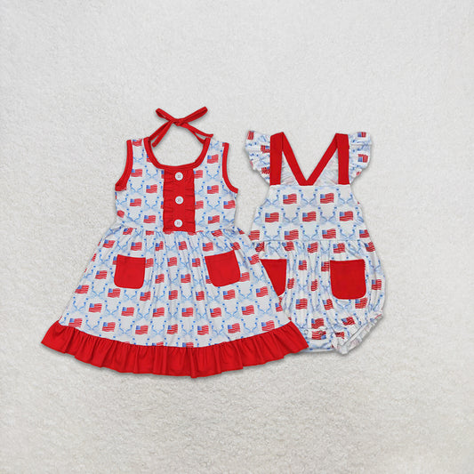 Match National Day flag blue bow pattern red pocket lace sleeveless dress romper D 3.15