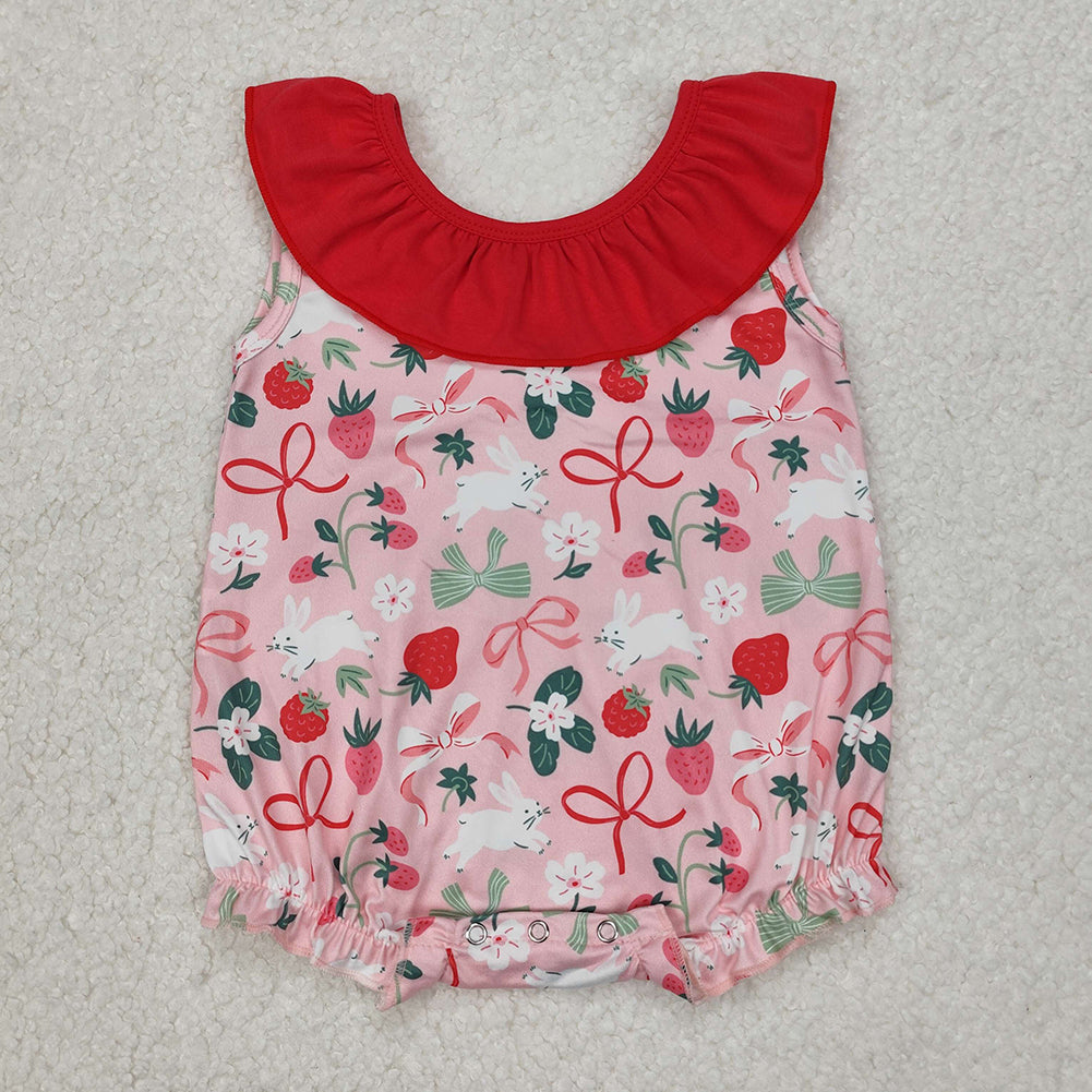 SR2582  Baby Infant Girls Strawberry Bows Sleeveless Rompers D 3.15