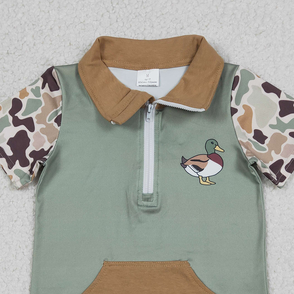 Baby Boys Southern Camo Zip Pullover Top with Ducks Short Sleeve Hunting Design including Pockets for Kids Fashion