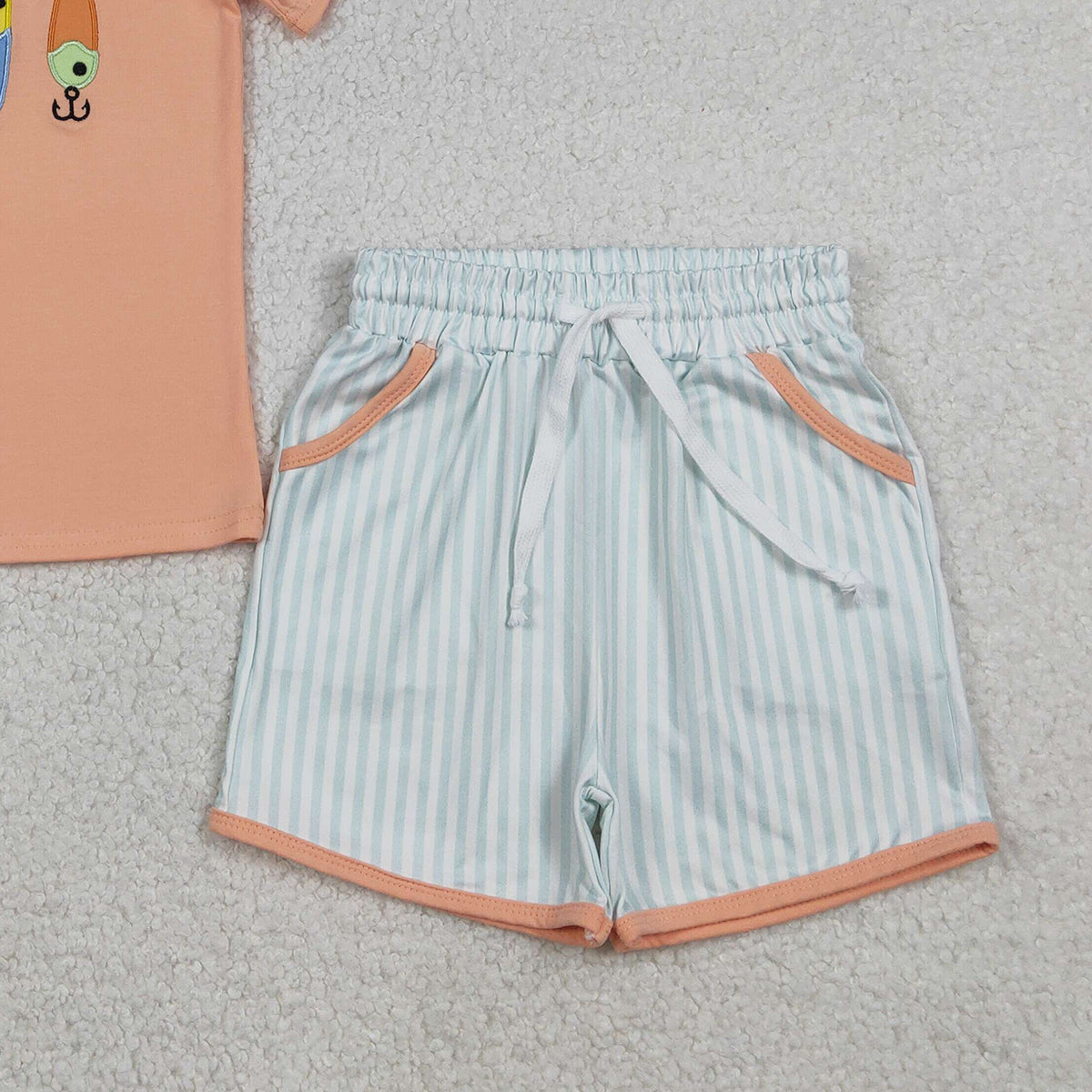 Embroidery Fishing Baby Boys Outfit with Pockets Short Sleeve Shirt And Hunting Themed Clothing Set for Toddlers