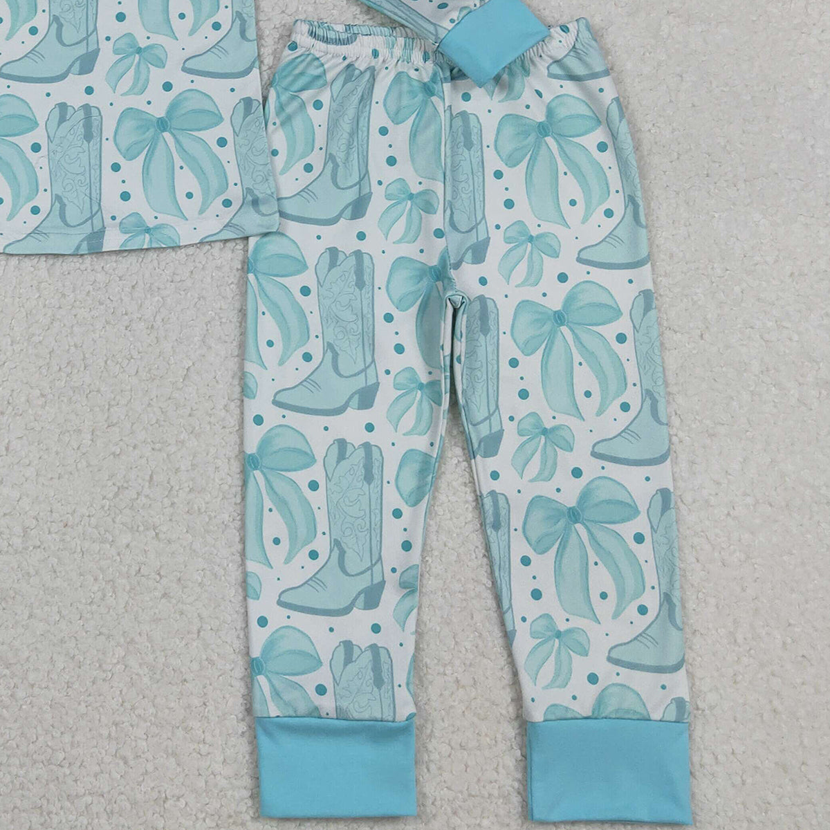 Baby Girls Light Blue Pajamas Set with Bows Boots Top And Pant Western Style Sleepwear for Infants