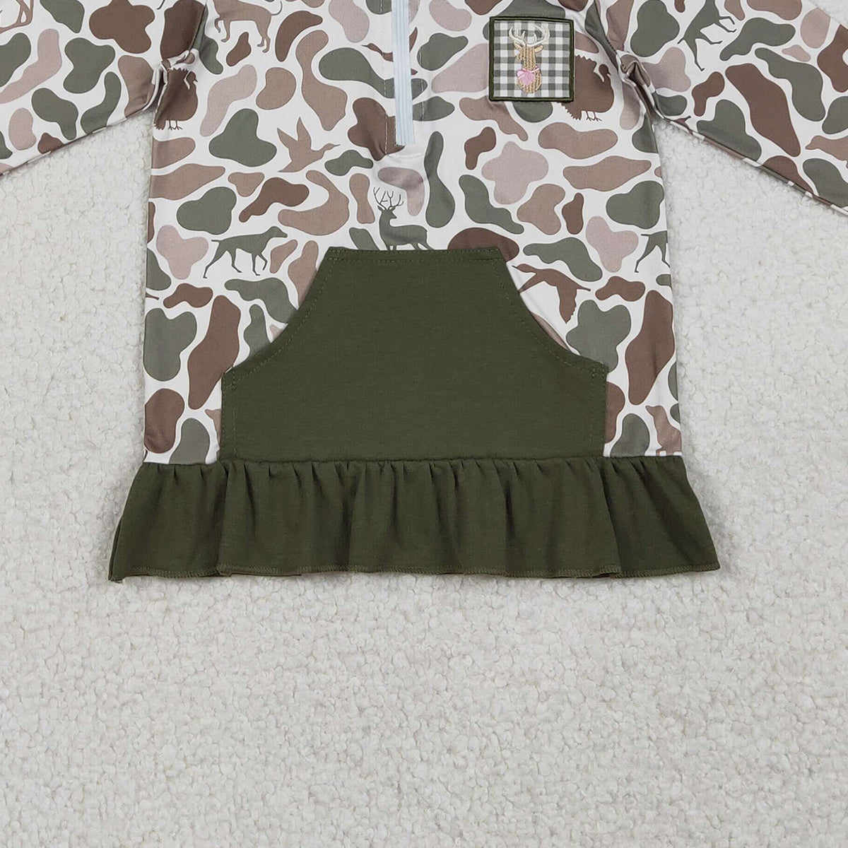 Baby Girls Green Camo Zipper Hoodie with Embroidery Deer Pockets Hunting Top for Kids
