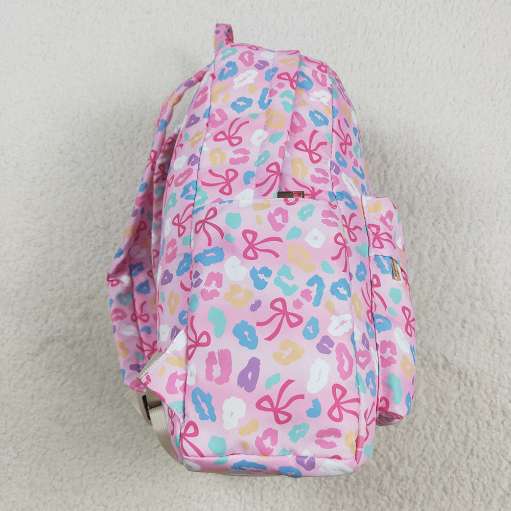 BA0319 Baby Kids Pink Leopard Bows School Zipper Ruffle Back Bags  D 8.2