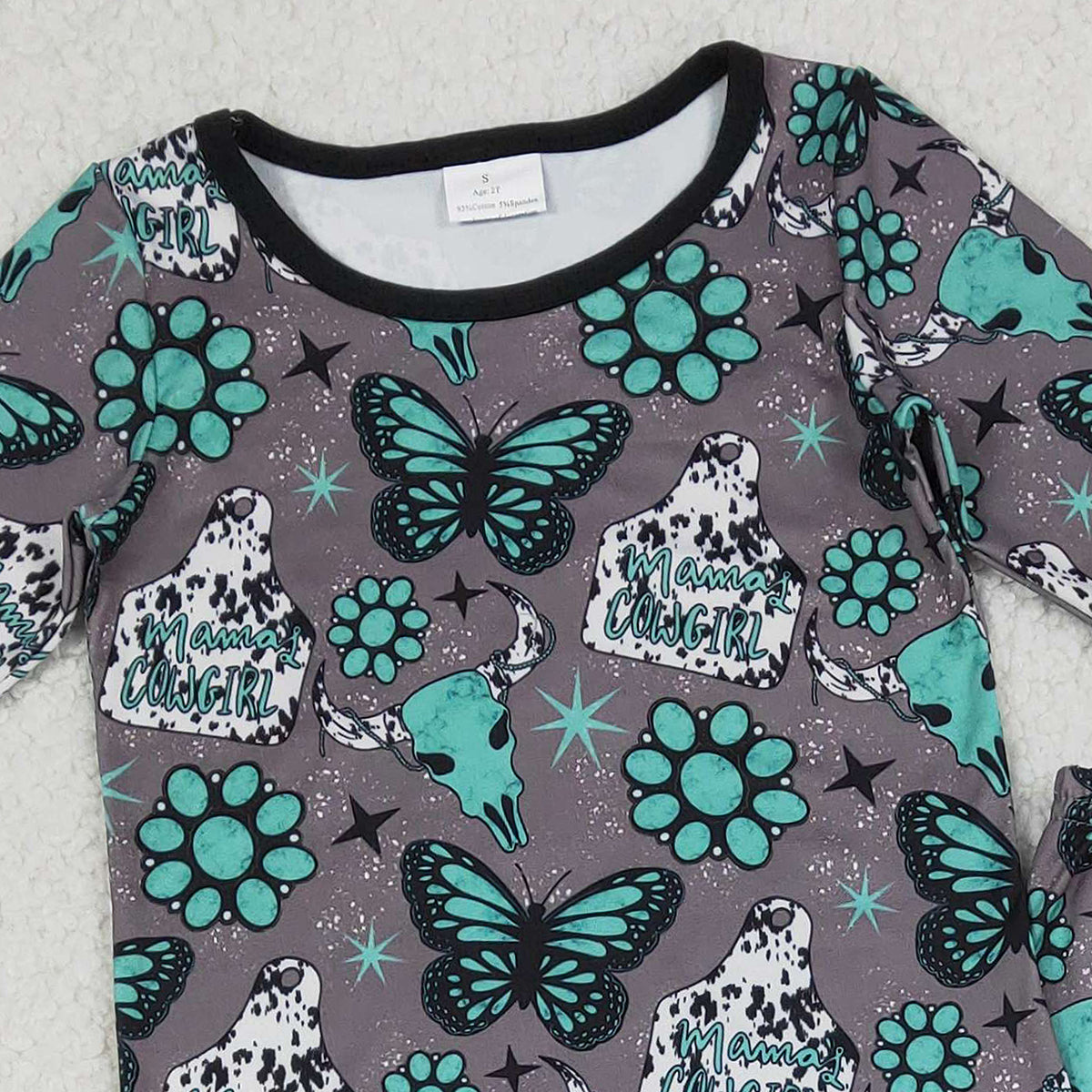 Baby Girls Western Pajamas Sets with Bull Skulls Butterfly Turquoise Top And Pants Cute Baby Sleepwear for Girls