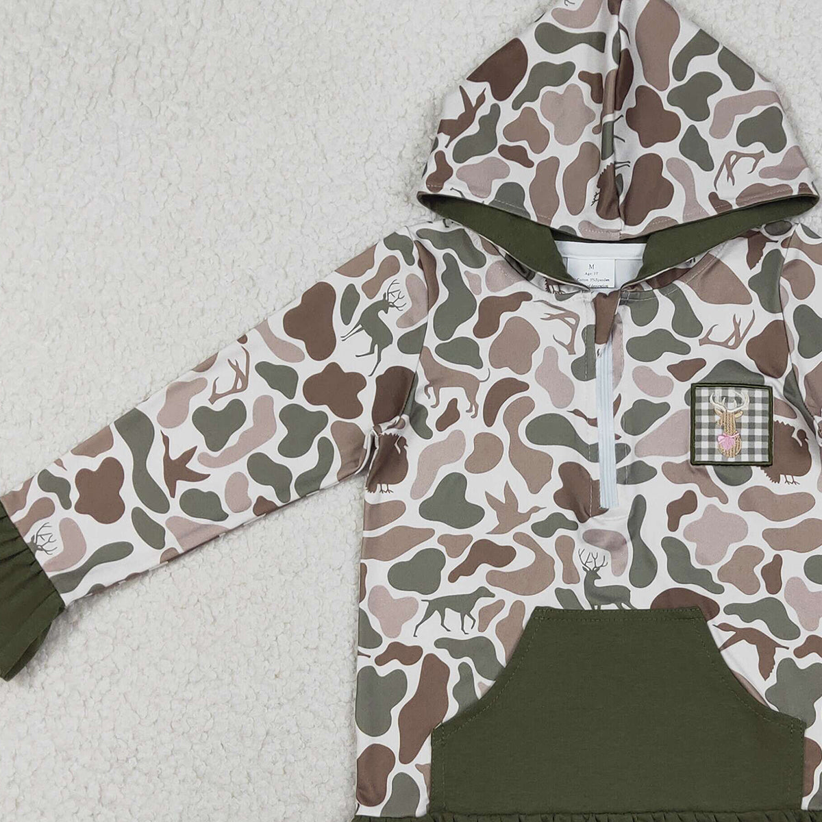 Baby Girls Green Camo Zipper Hoodie with Embroidery Deer Pockets Hunting Top for Kids