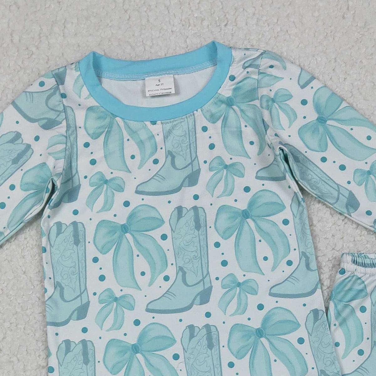 Baby Girls Light Blue Pajamas Set with Bows Boots Top And Pant Western Style Sleepwear for Infants