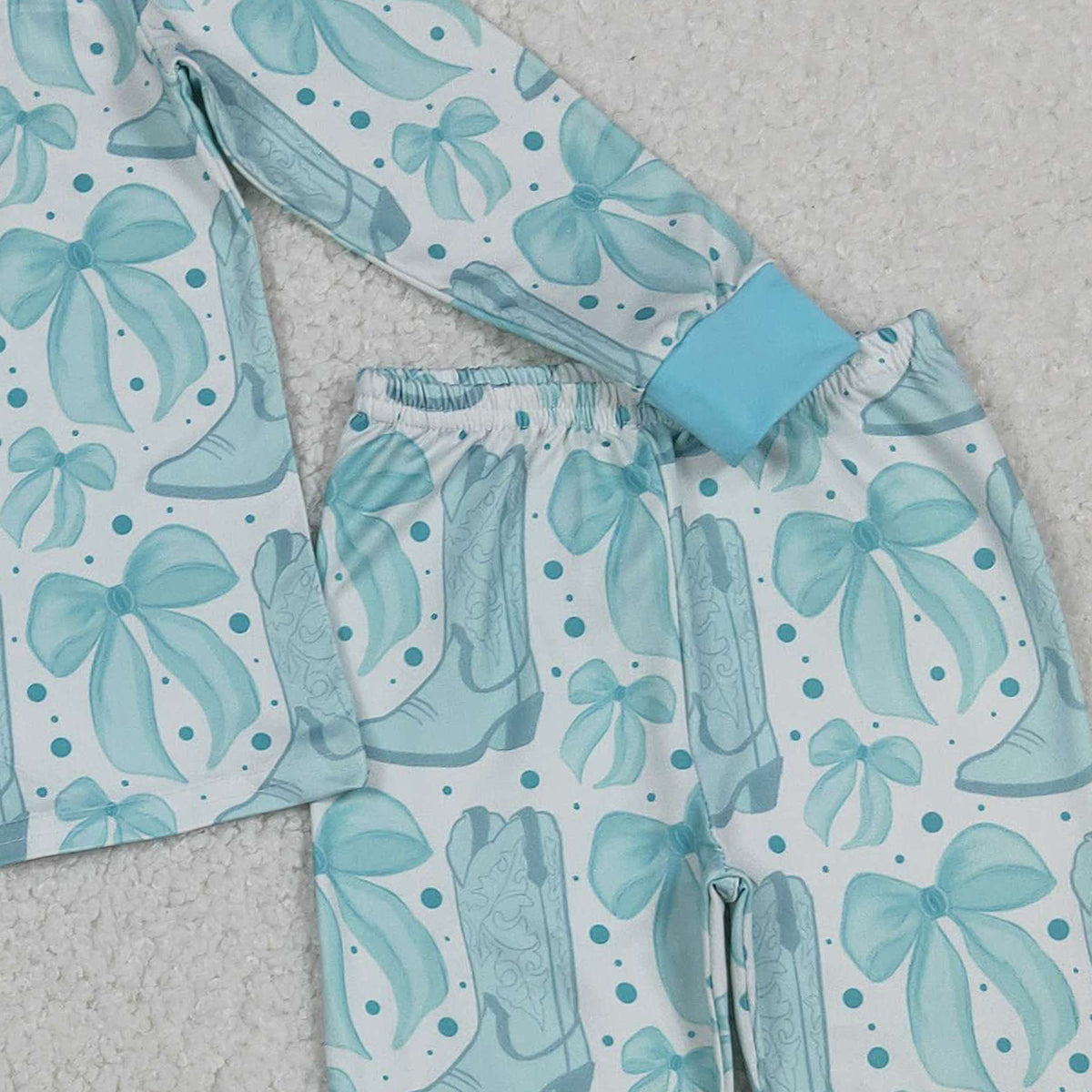 Baby Girls Light Blue Pajamas Set with Bows Boots Top And Pant Western Style Sleepwear for Infants