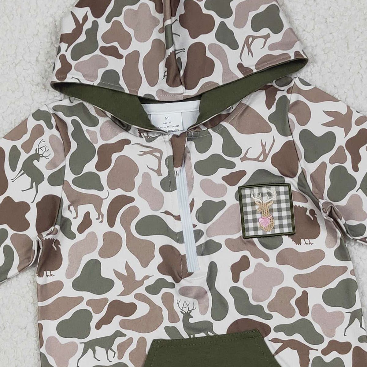 Baby Girls Green Camo Zipper Hoodie with Embroidery Deer Pockets Hunting Top for Kids