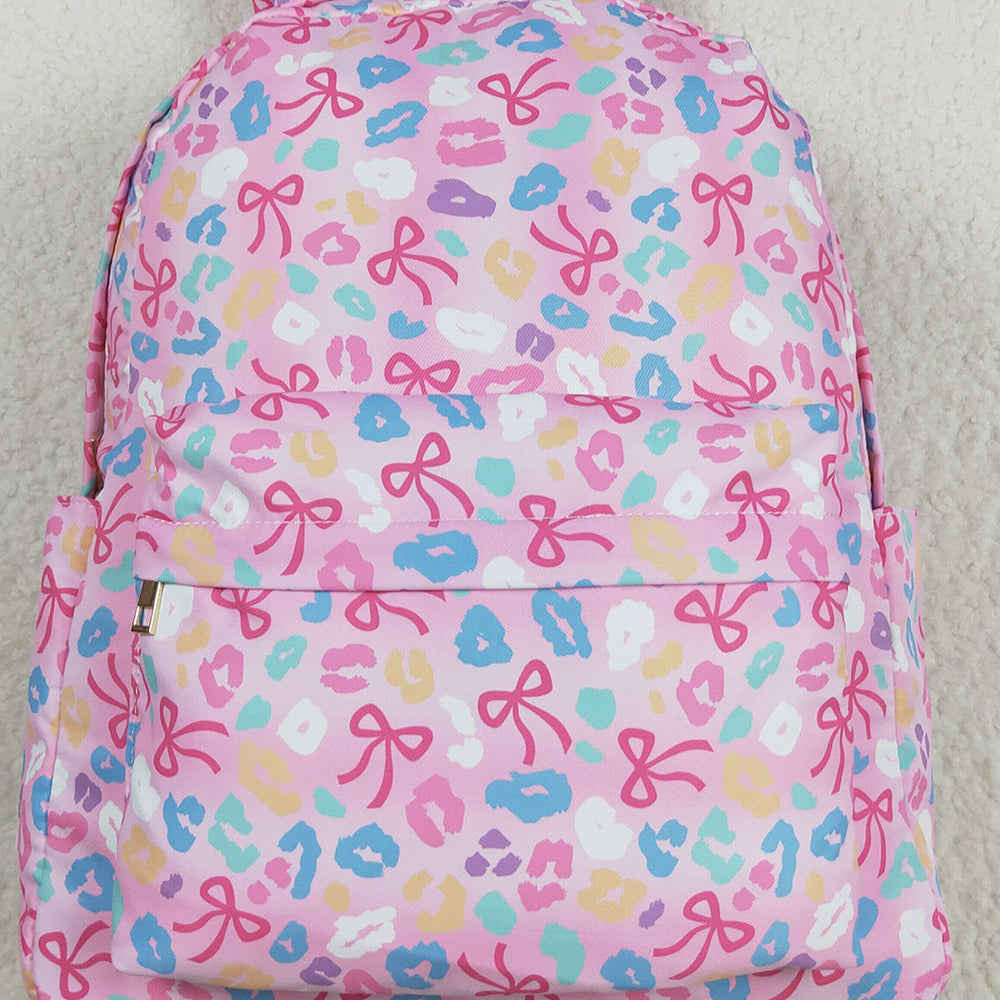 BA0319 Baby Kids Pink Leopard Bows School Zipper Ruffle Back Bags  D 8.2