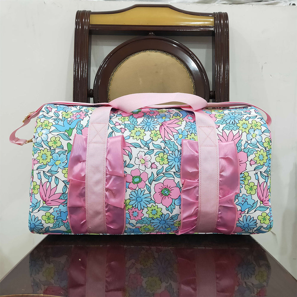 BA0291  Pink Ruffle Blue Floral Print Gym Duffle Bags D 4.24