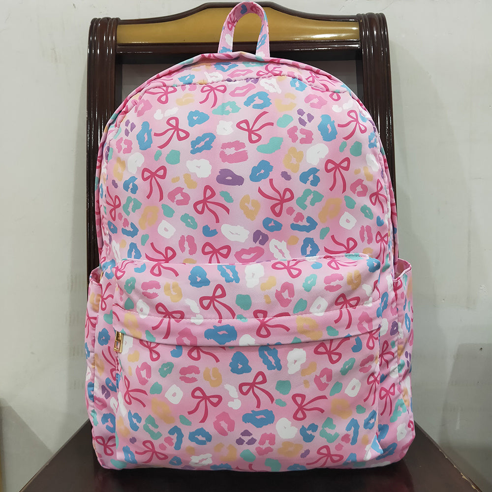 BA0319 Baby Kids Pink Leopard Bows School Zipper Ruffle Back Bags  D 8.2
