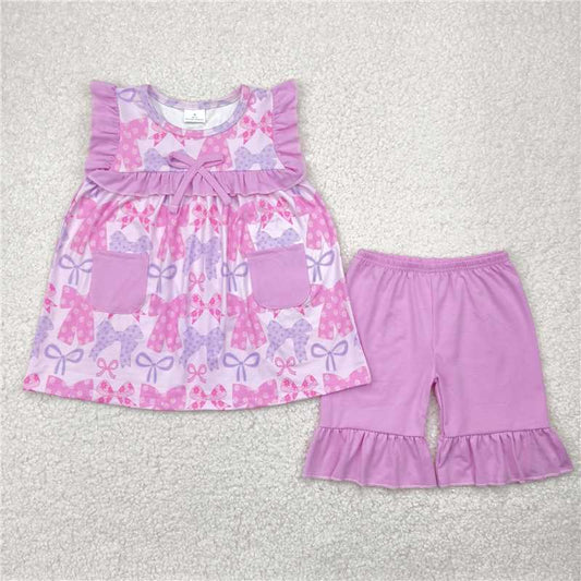 GSSO2462 Baby Girls Lavender Bows Pockets Tunic Ruffle Short Set  D 816