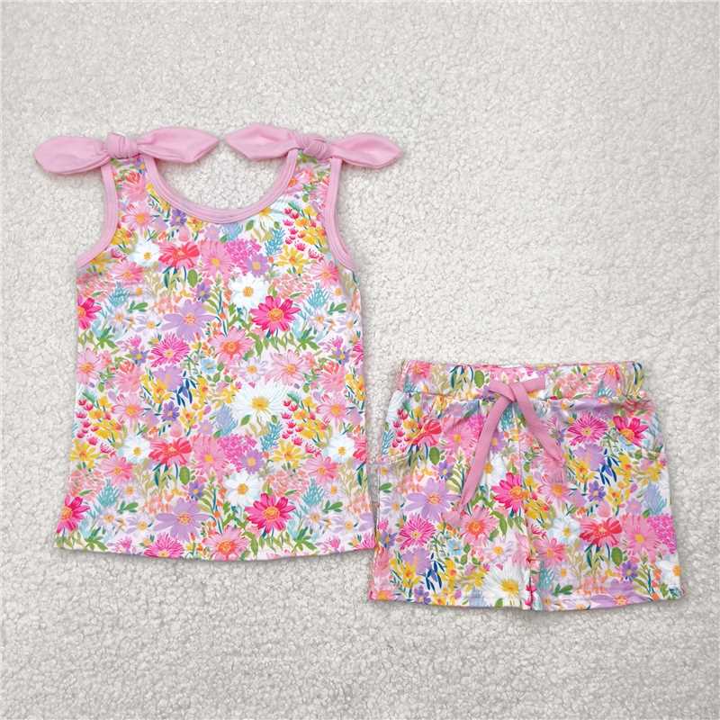 GSSO2551 Baby Girls Pink Bows Strap Floral Top Pockets Short Set   D 815