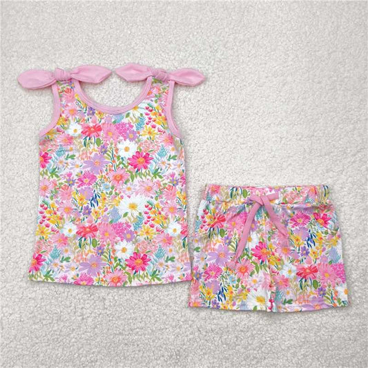 GSSO2551 Baby Girls Pink Bows Strap Floral Top Pockets Short Set D 815