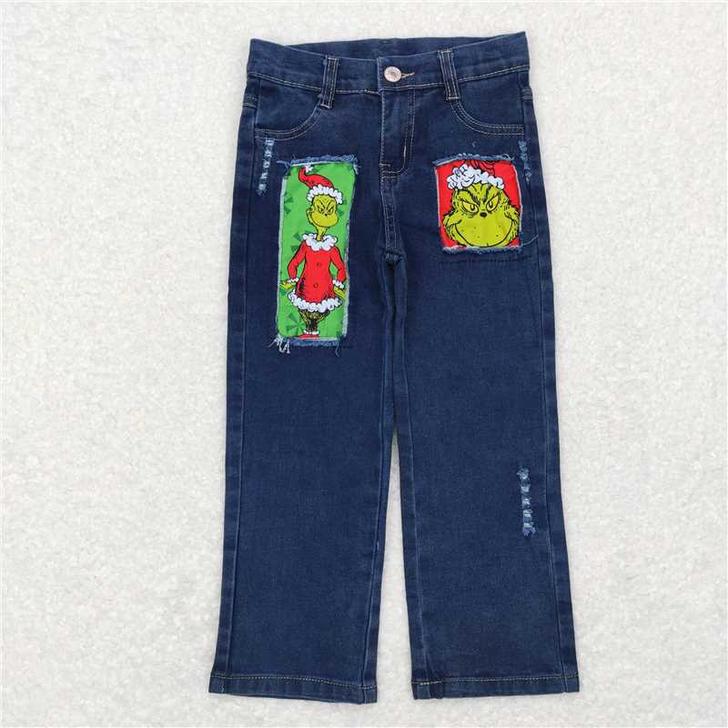 Christmas Green Face Top Matching Denim Pants Outfit 	 BT0256+P0207
