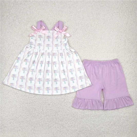 GSSO2430 Baby Girls Hot Pink Strap Floral Stripe Tunic Ruffle Short Set  D 816