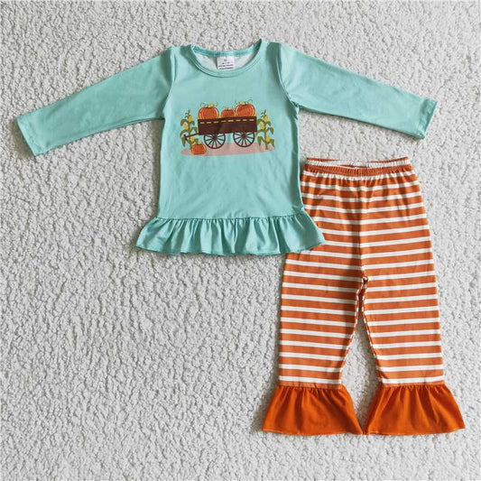 GLP0069 Girls Autumn Pumpkin Cart Blue Long Sleeve Pants Suit