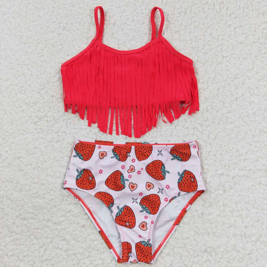 S0142 Strawberry Red Fringe Swimsuit Set