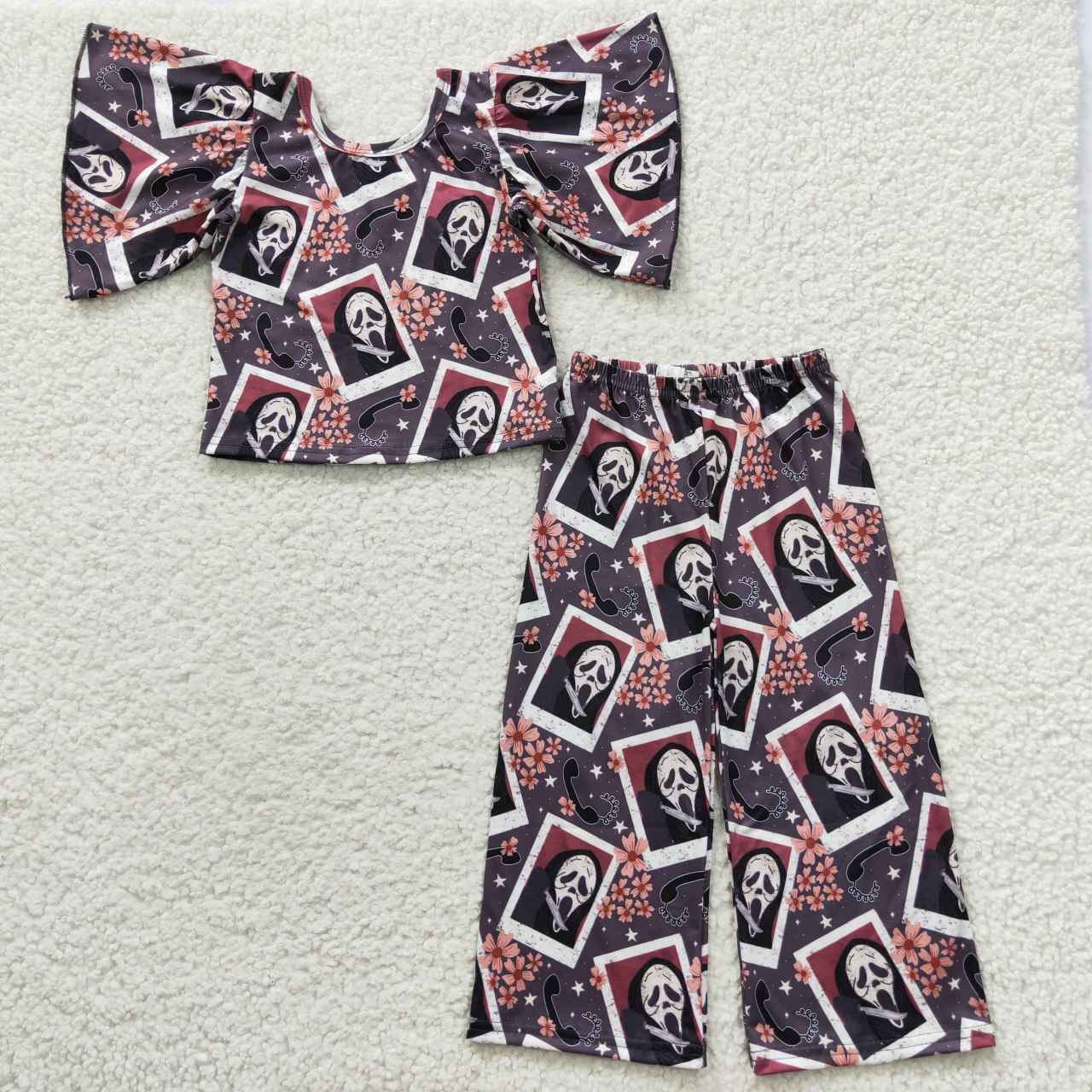 GSPO0639 Halloween Ghost Phone Print Short Sleeve Trouser Set