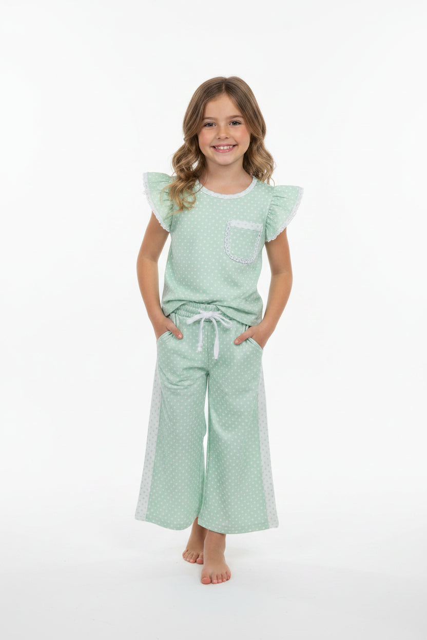 flutter sleeve green white polk dots pants set