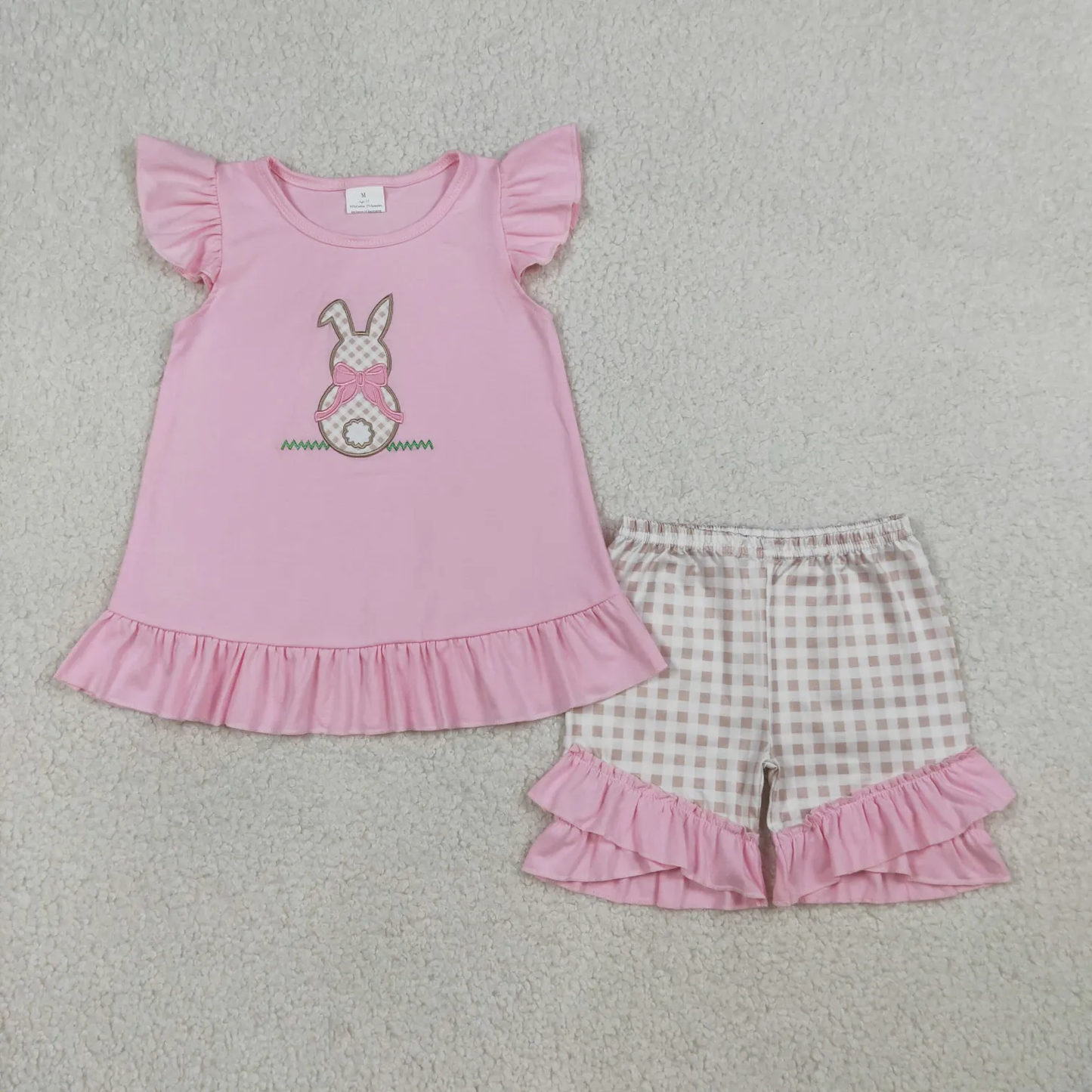Sibling embroidery gingham bunny shorts set