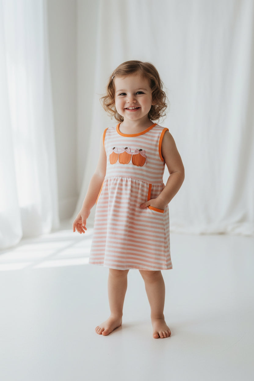 sleeveless striped embroidery pumpkin dress with pocket