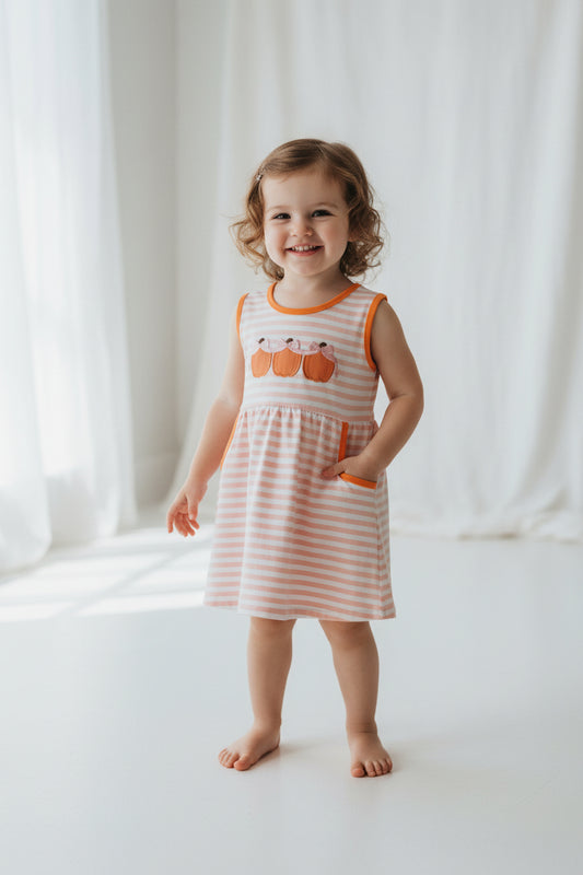 sleeveless striped embroidery pumpkin dress with pocket