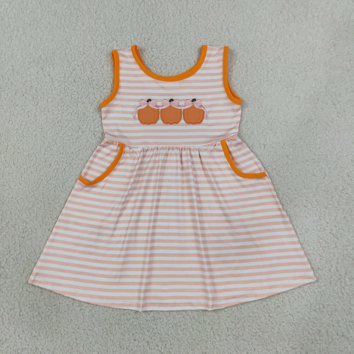 sleeveless striped embroidery pumpkin dress with pocket