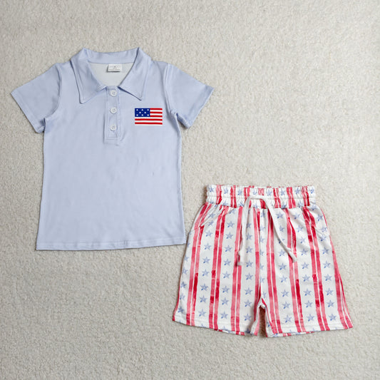 star stripes usa flag print boy polo shorts set