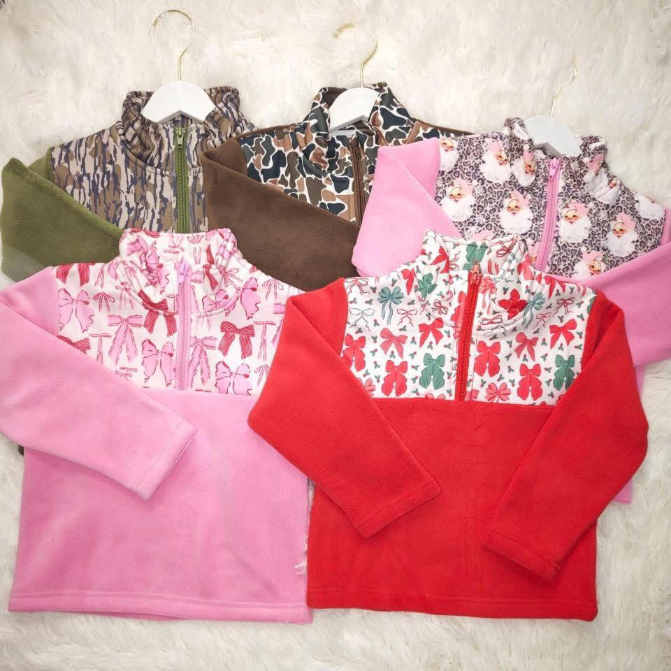 Sibling Baby Boys Girls Long Sleeve Bows Camo Zipper Pullover Sherpa Tops  D 1022