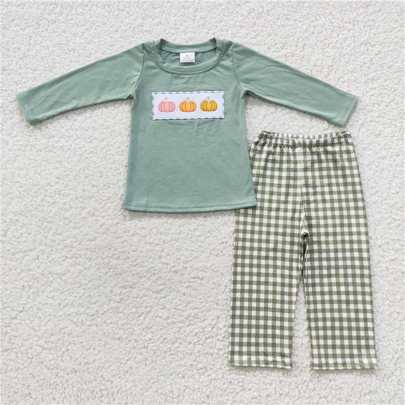 BLP0226 Embroidered three pumpkins green plaid long-sleeved trousers suit