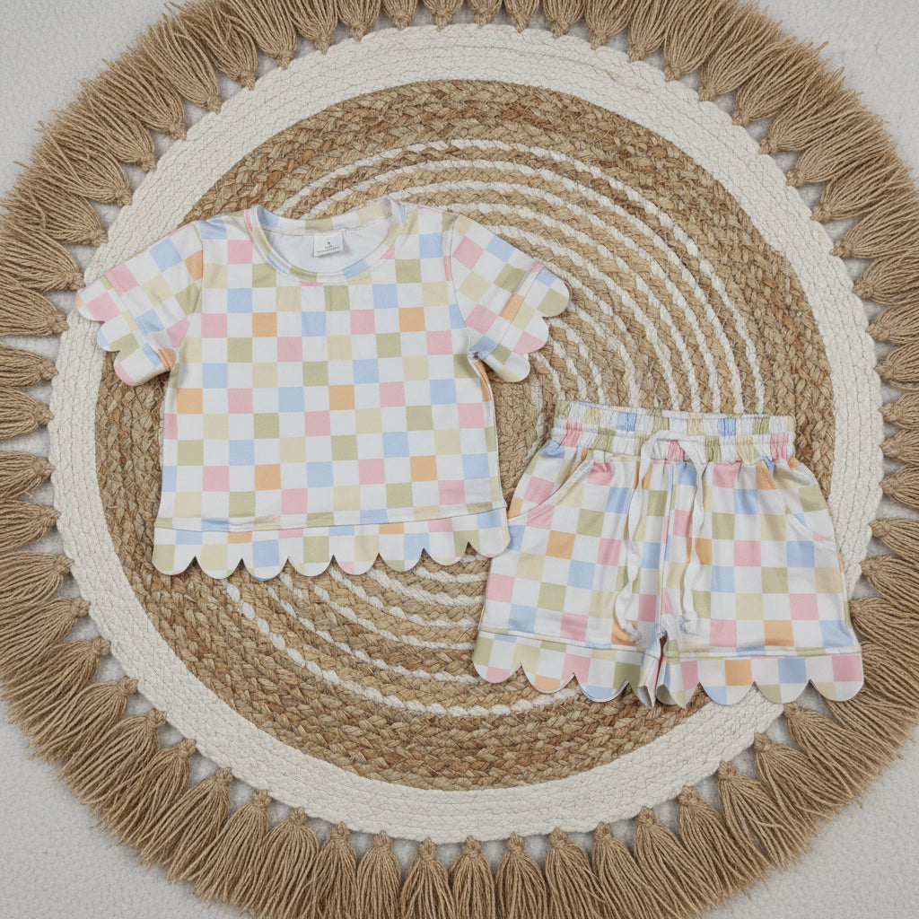 colorful checkered scallop shorts set summer girl clothing