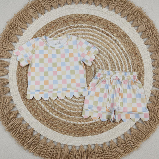 colorful checkered scallop shorts set summer girl clothing