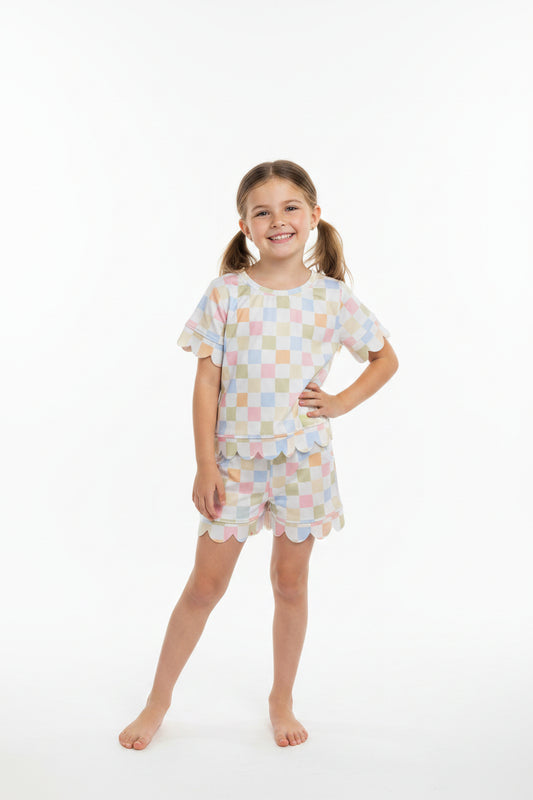 colorful checkered scallop shorts set summer girl clothing