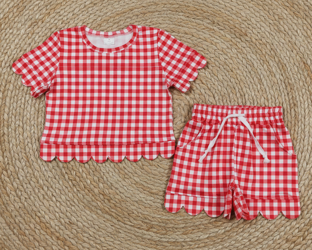 red plaid gingham scallop shorts set summer clothing