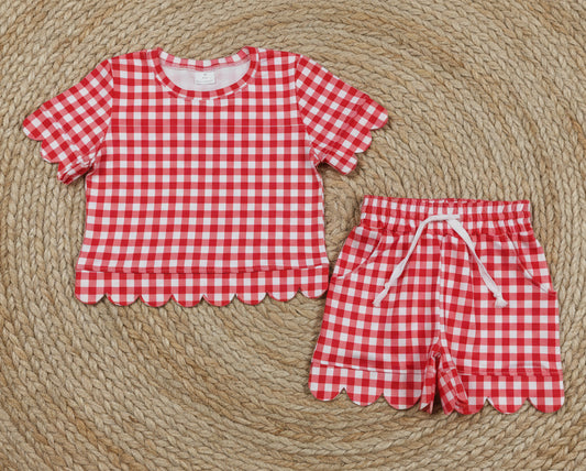 red plaid gingham scallop shorts set summer clothing