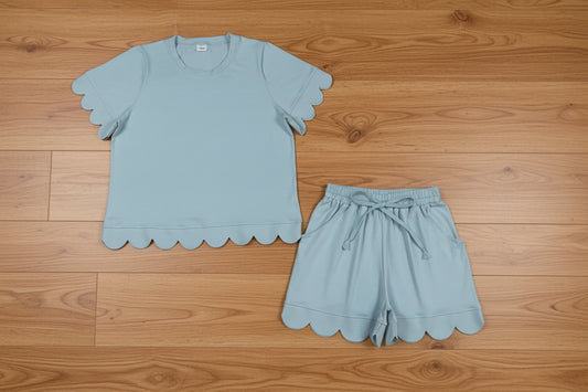 adult clothes women solid color scallop shorts set