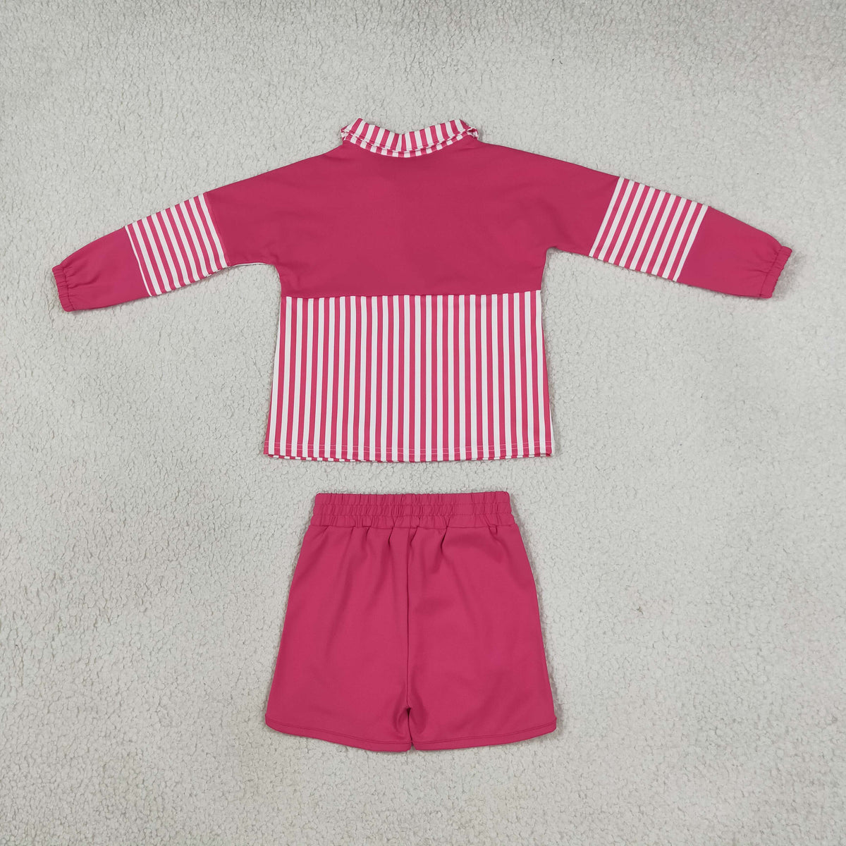 long sleeve hot pink striped pullover shorts athletic outfit